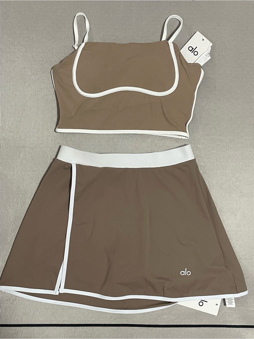 ALO Yoga Brown Crop Top and Skirt Set with White Trim